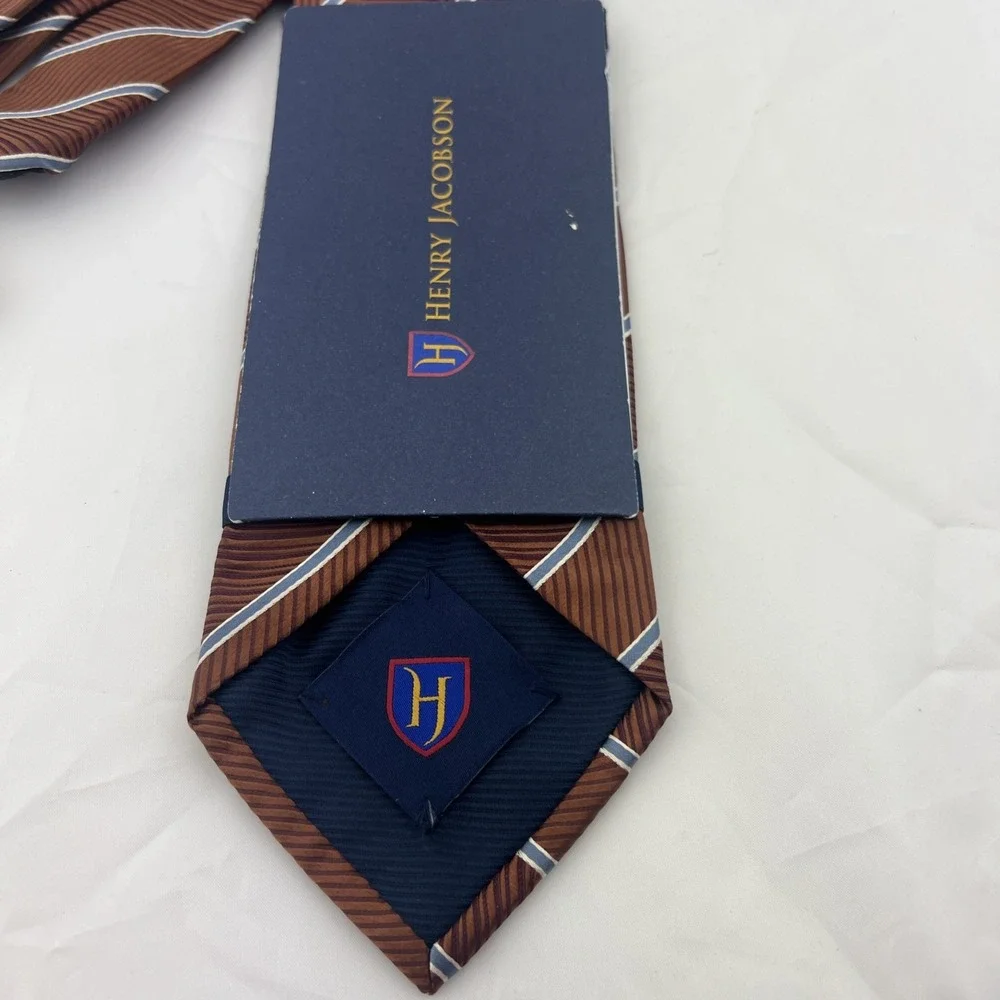 HENRY JACOBSON 100% Silk NECKTIE Tie Brown w blue Stripes Brand New made by hand